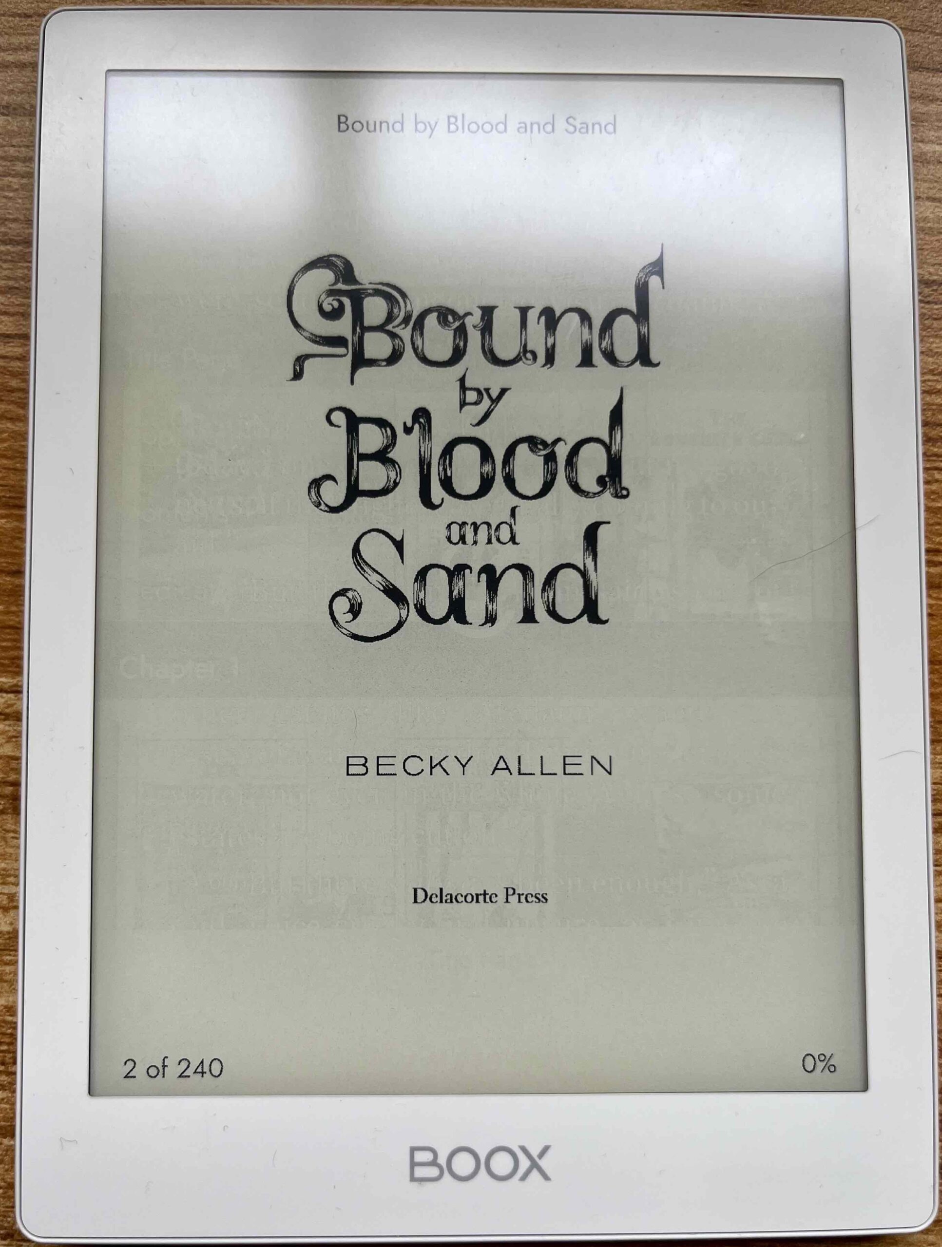 A Boox e-reader with Bound by Blood and Sand's title screen