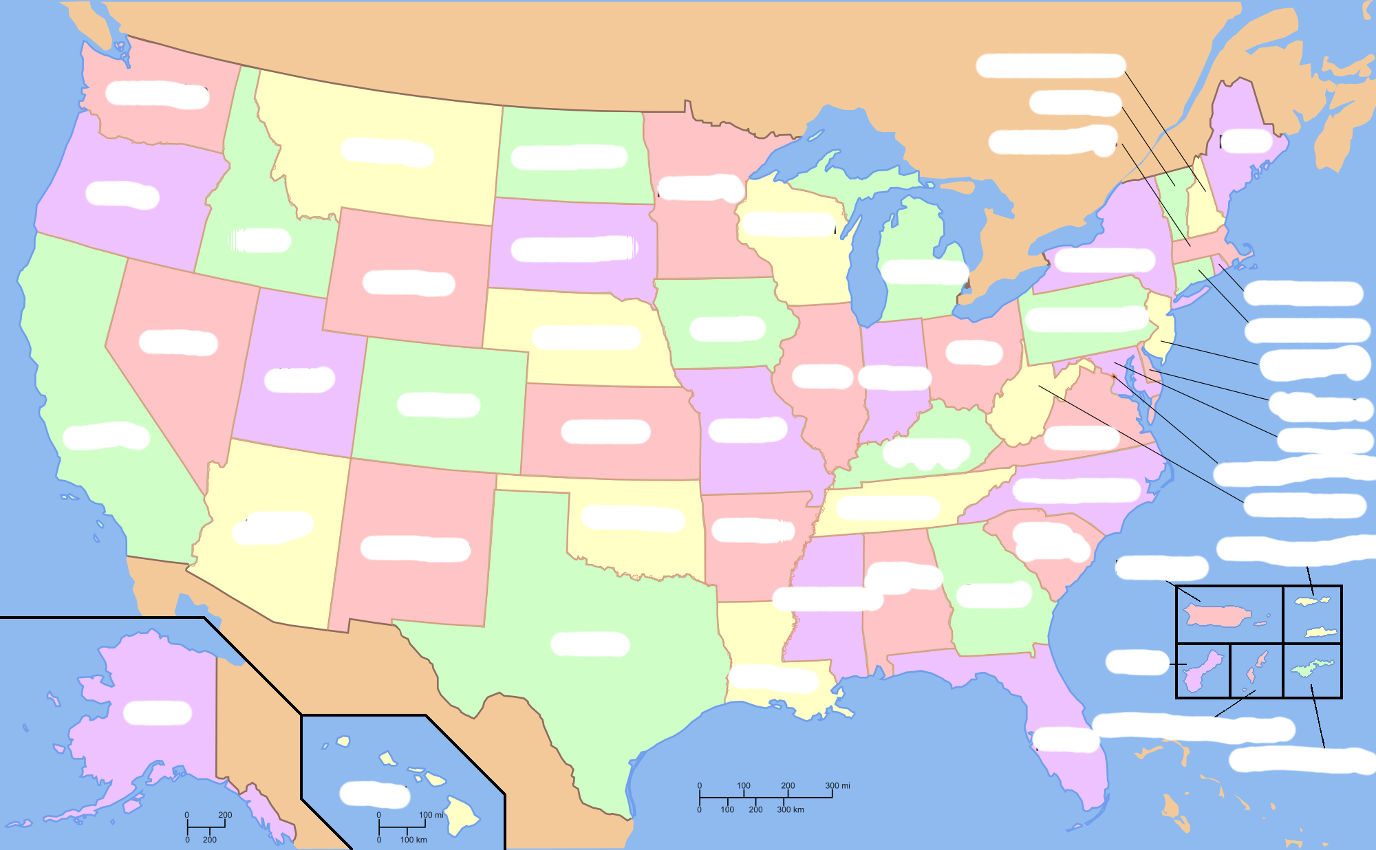 Map of the United States with the names blanked out