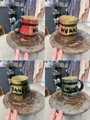 A collage of photos of a very ugly mug: it's slightly collapsed and lopsided, and slathered with bright colors (dark blue, red, pink, yellow, green, an lighter blue).